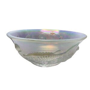Fenton Glass Frosted Iridescent Coy Fish Bowl Footed Greek Key Retired Rare